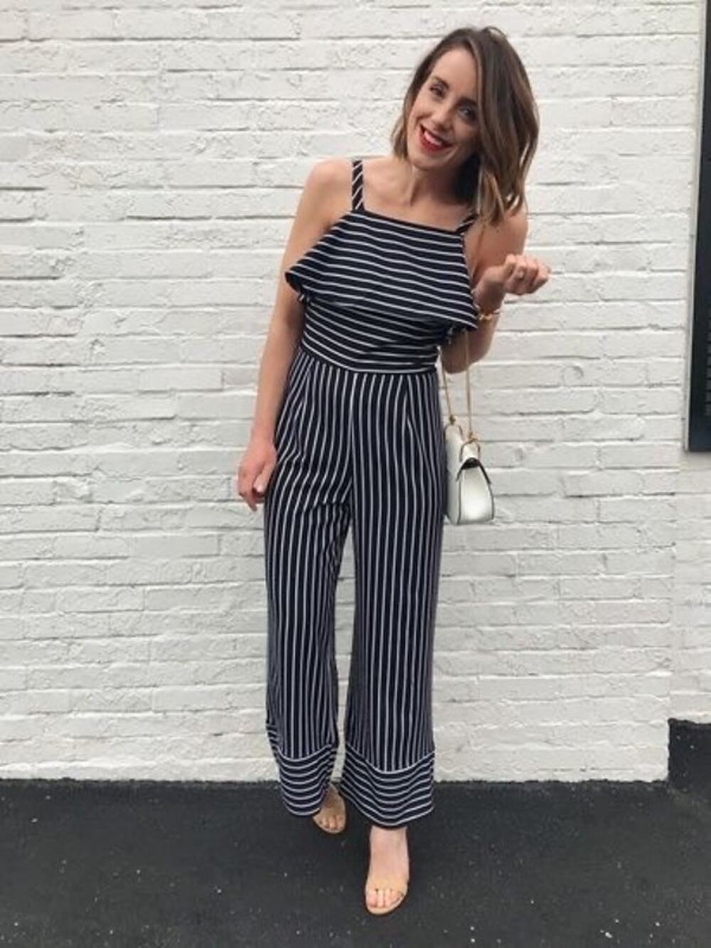 Leith Navy White Striped Jumpsuit Ruffle Top Cuffed Pant Strappy Medium